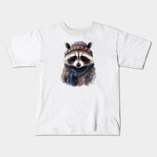 Raccoon in a warm hat and knitted scarf winter Kids T-Shirt